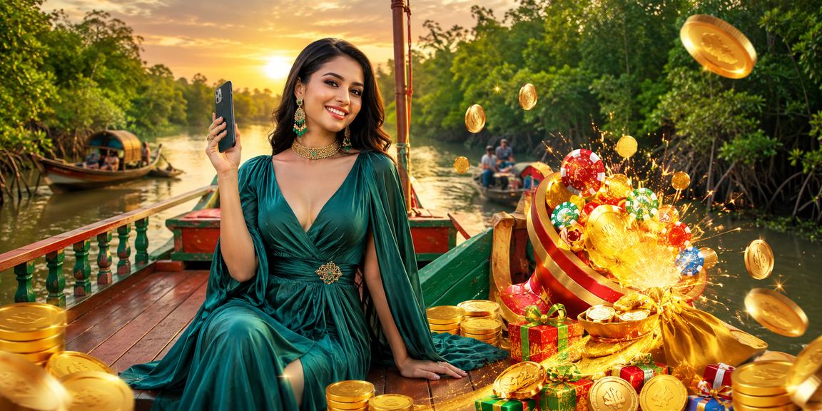 User in red and green attire playing mobile casino in the Sundarbans